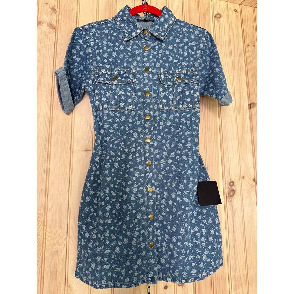 NWT Lulus Renske Light Wash Floral Print Denim Mini Dress Night Out Size M - Picture 2 of 7